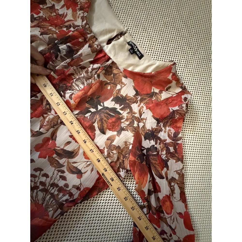 Sara Michelle Top Blouse XL/12 Pullover Bubble Hem Tie Sleeve Fall Colors Floral - Picture 10 of 11